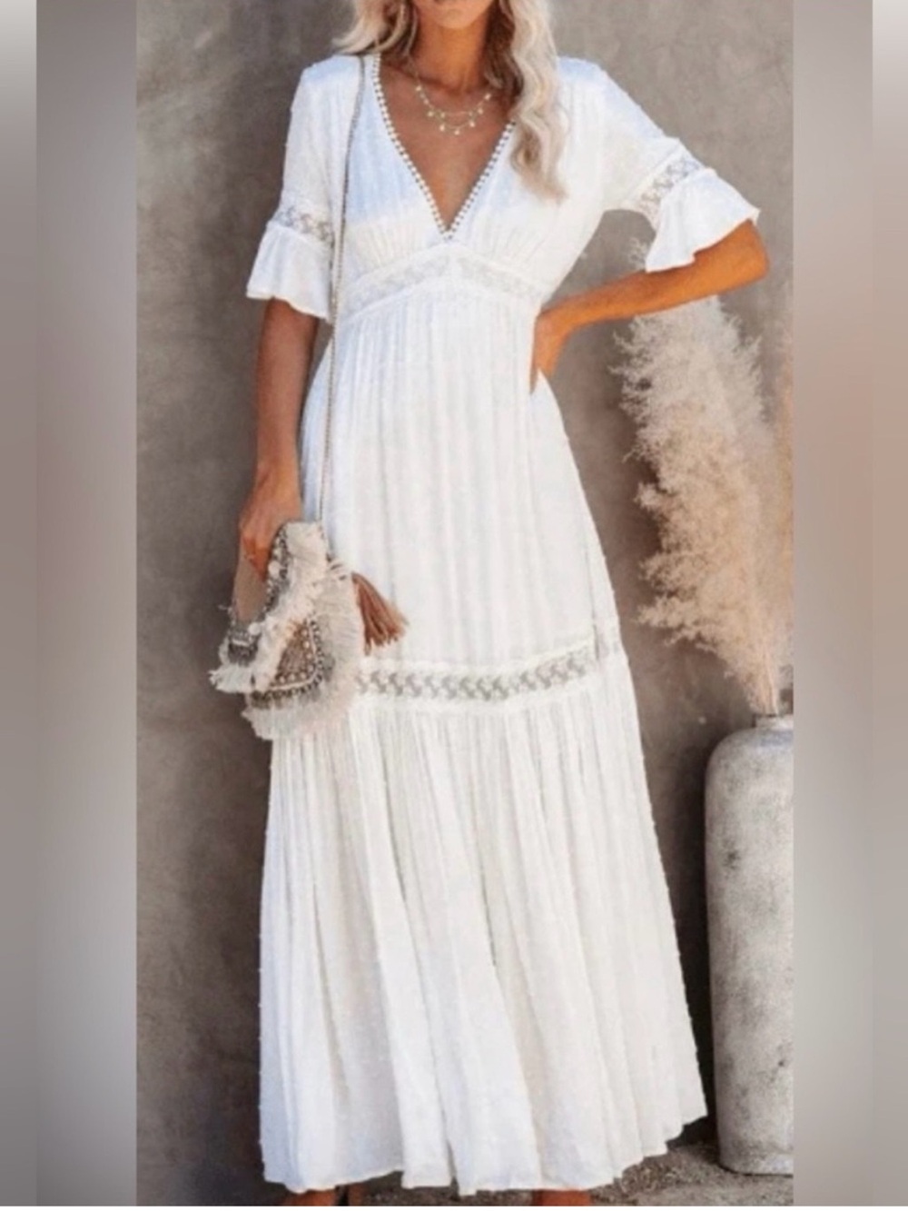 Aakaa White Embroidered V-Neck Maxi Dress